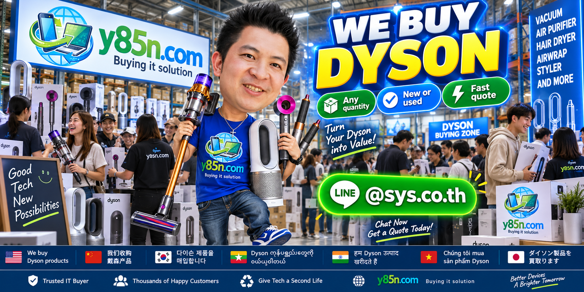 Y85N.com team and customers at a busy warehouse style Dyson buying service in Thailand