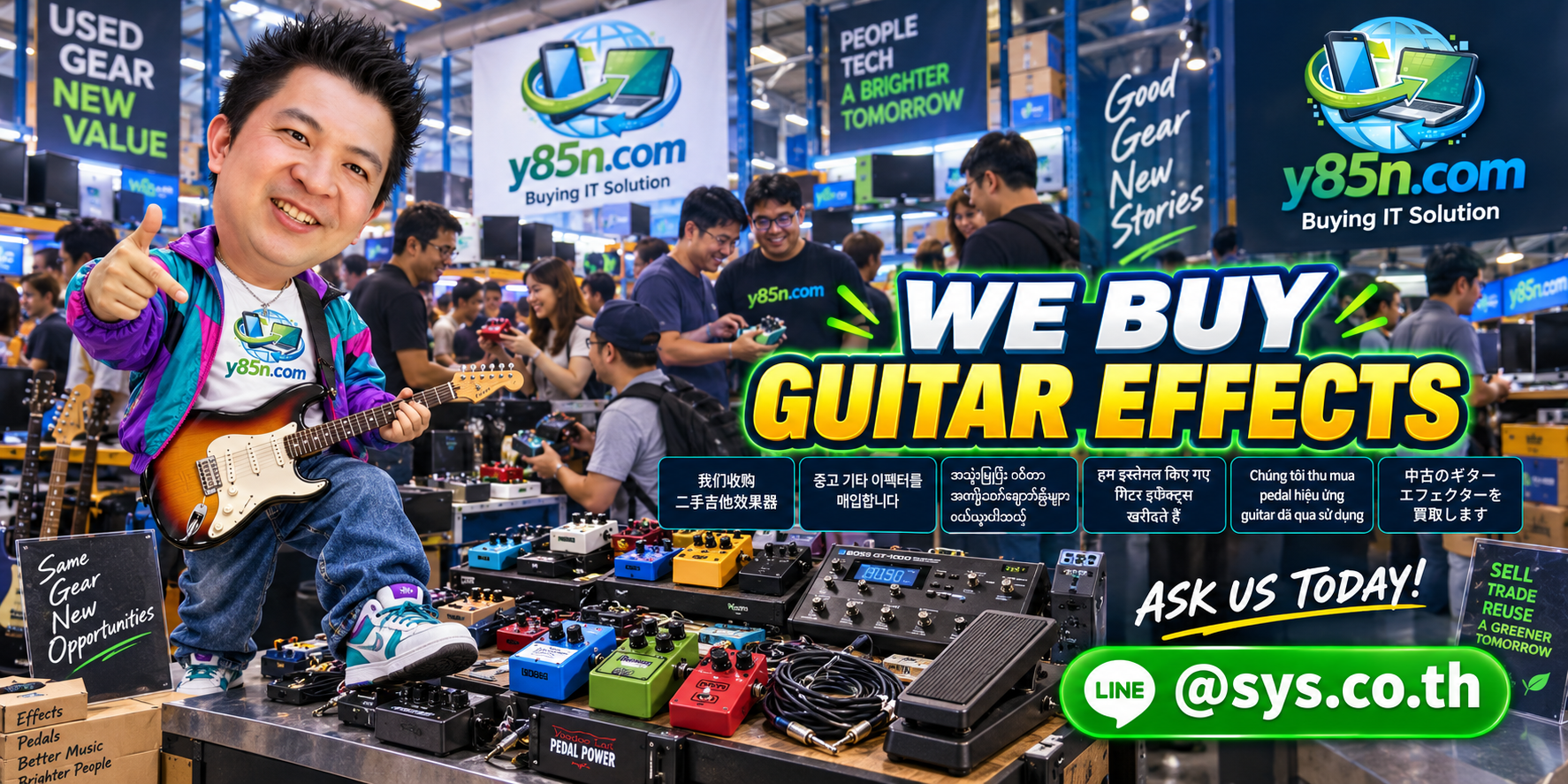 Busy Y85N.com warehouse buying used guitar effects and pedalboards in Thailand