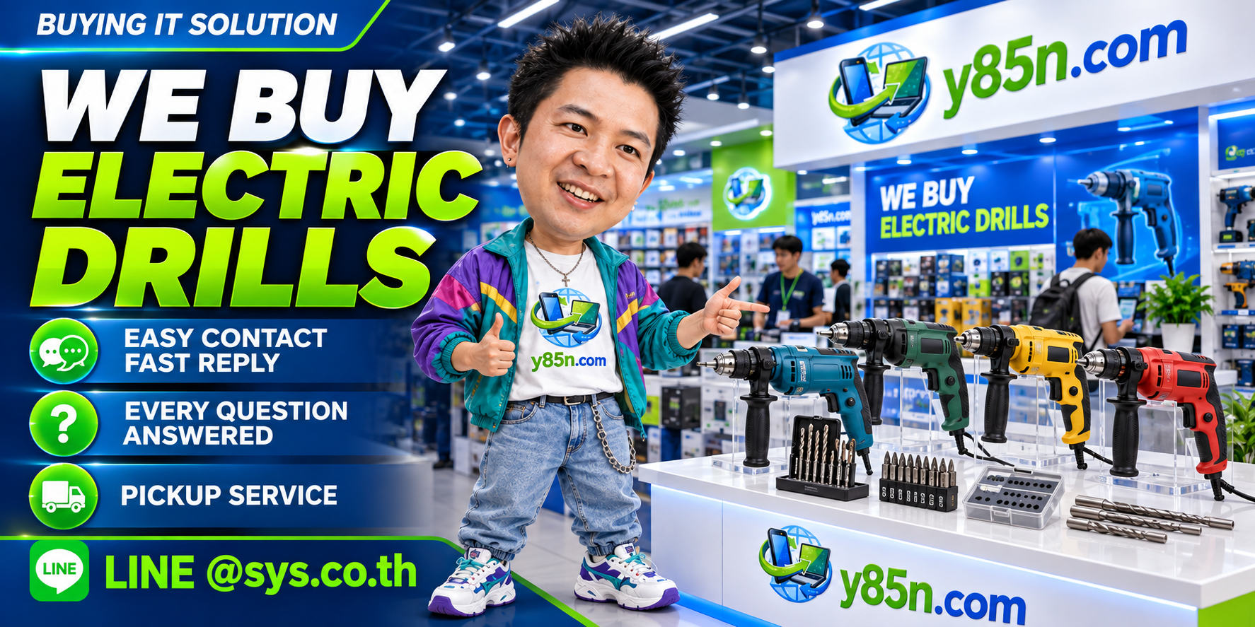 Y85N.com electric drill buying contact banner with LINE at sys.co.th
