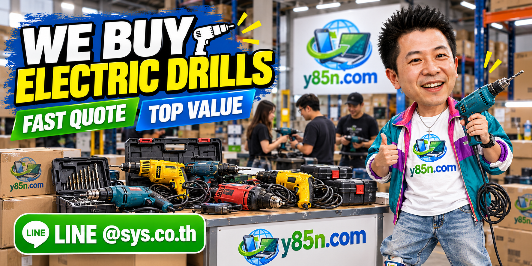 Busy Y85N.com warehouse buying used and bulk electric drills in Thailand
