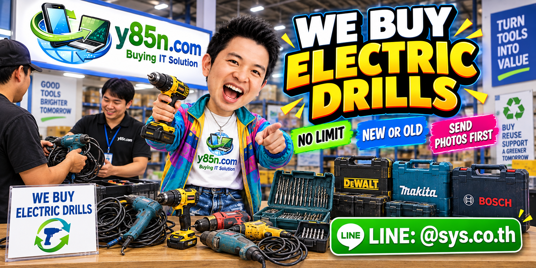 Y85N.com team evaluating electric drills and power tools in a busy warehouse