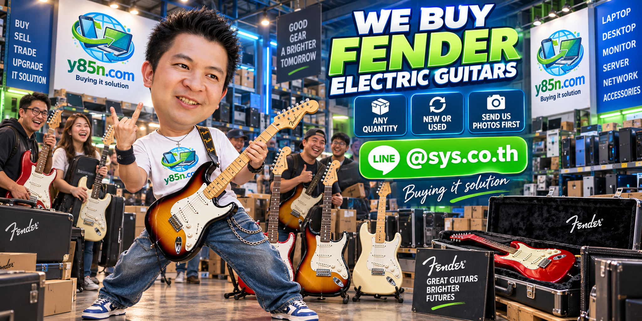 Y85N.com warehouse style environment buying Fender electric guitars with international seller support