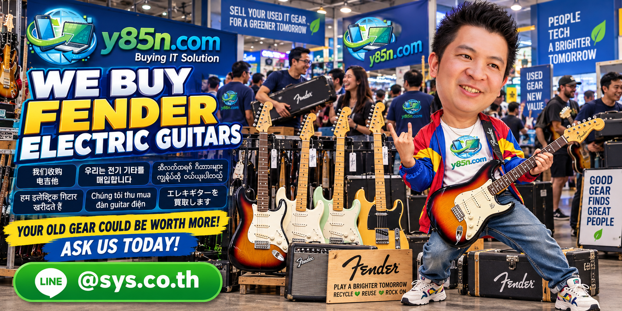 Y85N.com Fender electric guitar buying service contact banner with LINE at sys.co.th