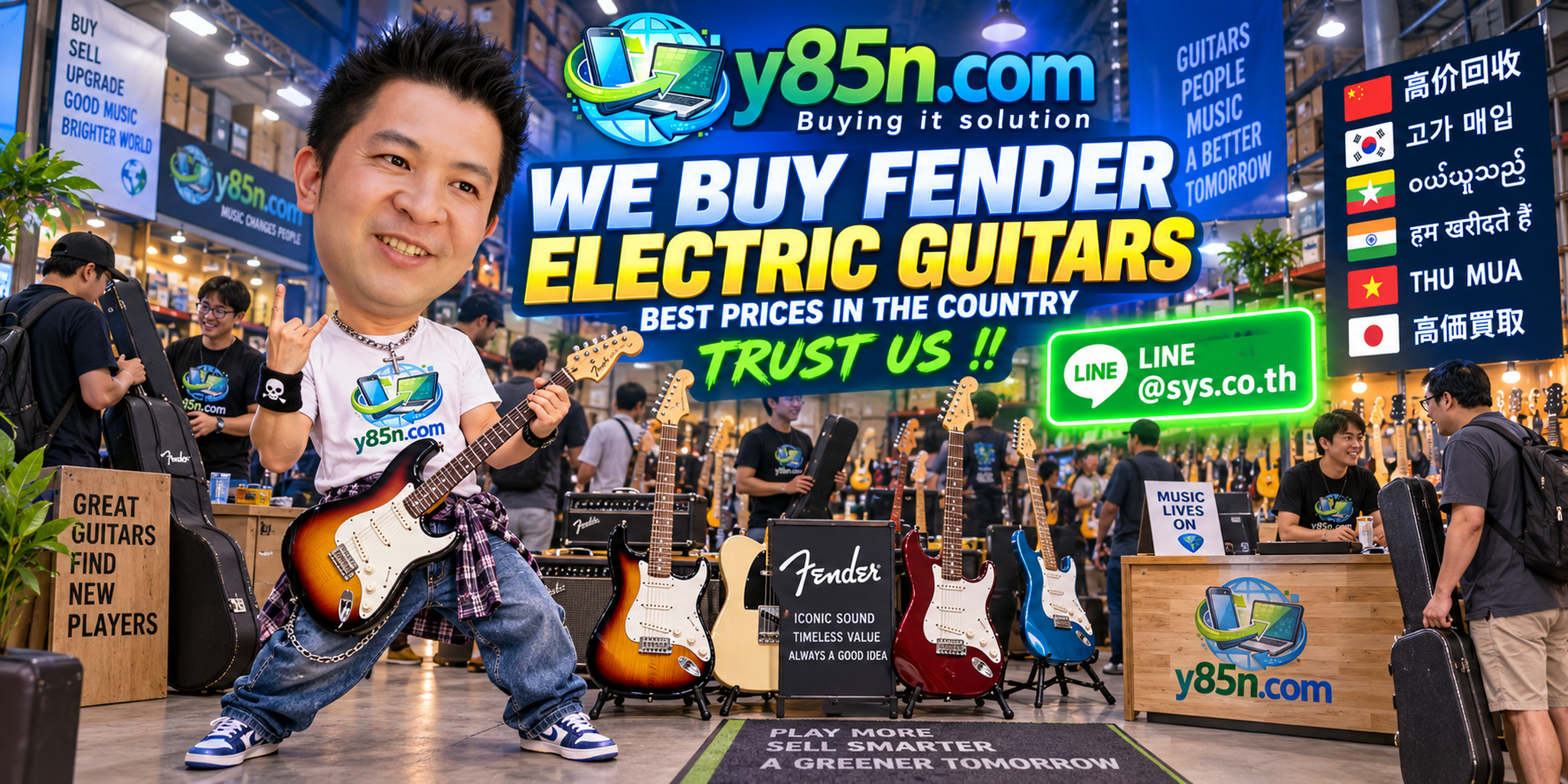 Busy Y85N.com warehouse style store buying Fender electric guitars in Thailand