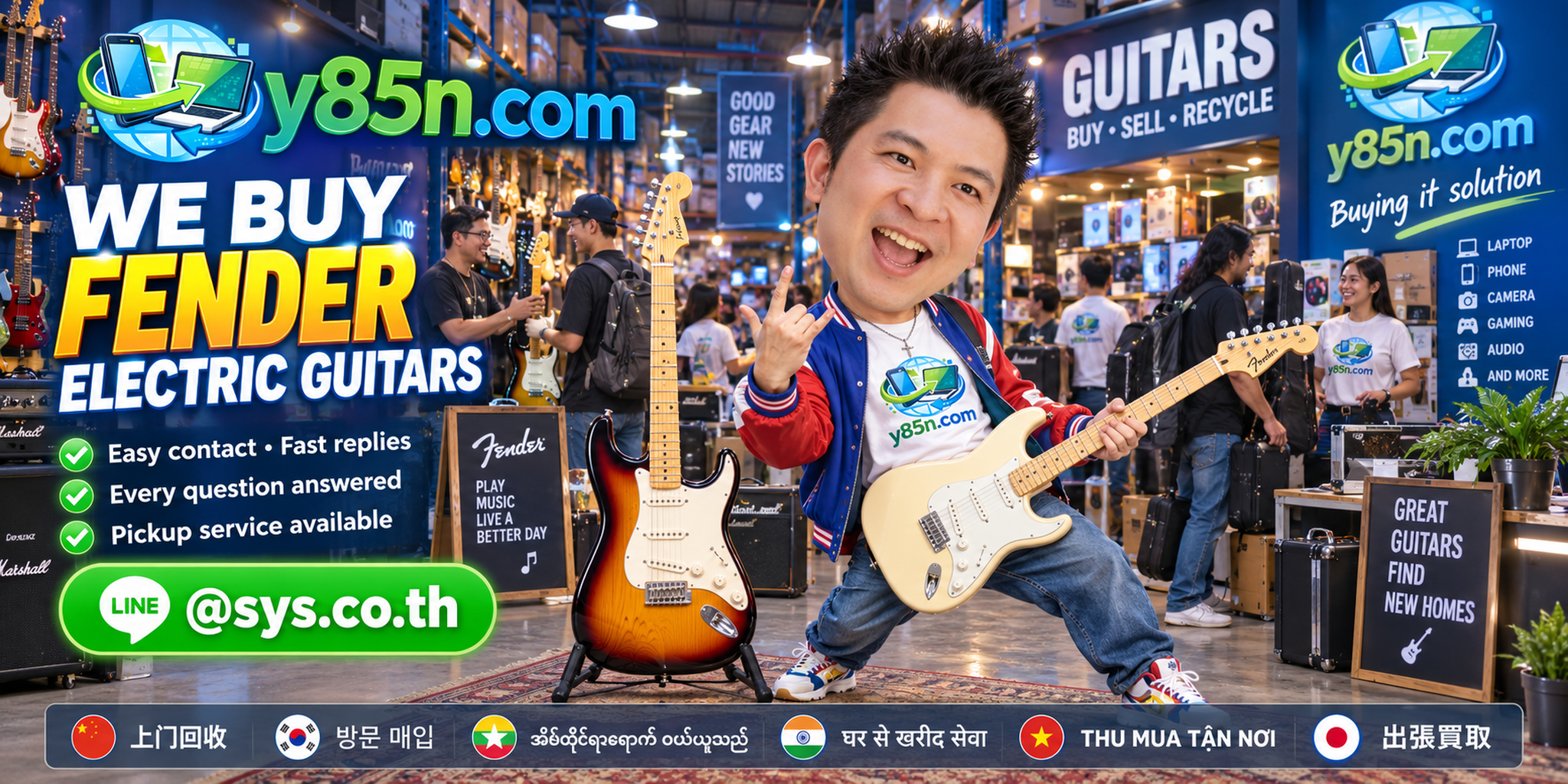 Y85N.com store style warehouse buying Fender electric guitars from customers