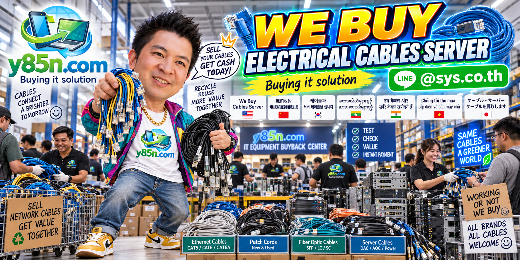 Busy Y85N.com warehouse buying server room and data center electrical cables in Thailand