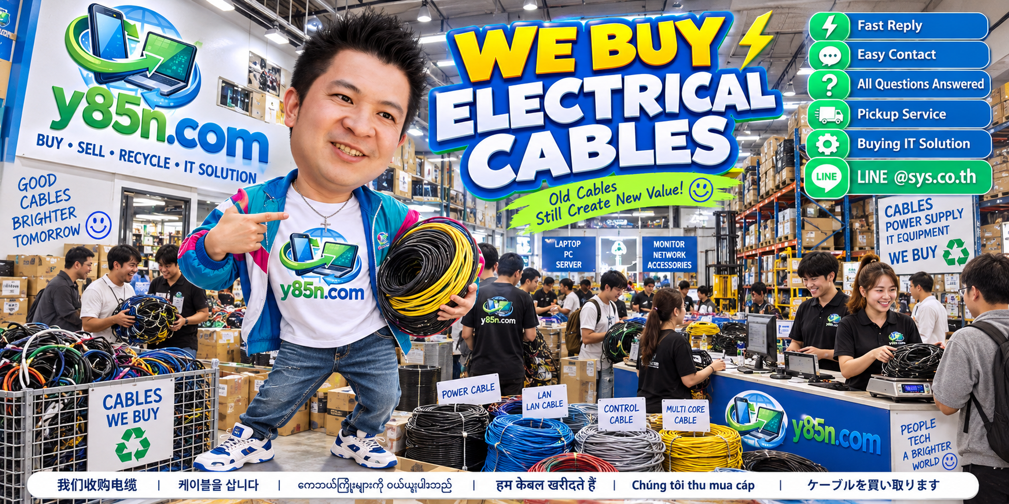 Y85N.com electrical cable buying contact banner with LINE at sys.co.th
