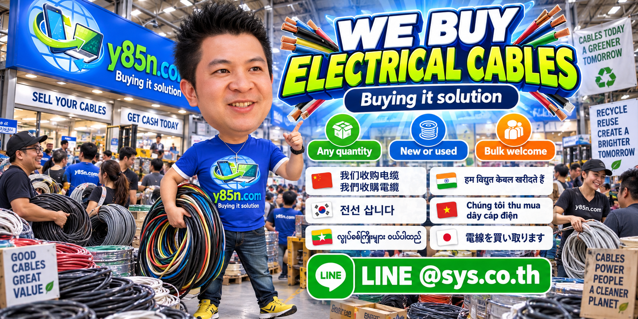 Y85N.com electrical cable buying warehouse with staff and customers