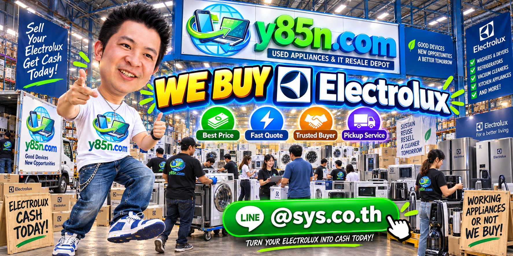 Y85N.com warehouse buying used Electrolux appliances with international seller messaging