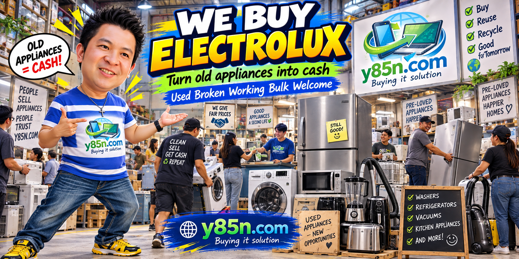 Busy Y85N.com appliance warehouse showing Electrolux buying service in Thailand