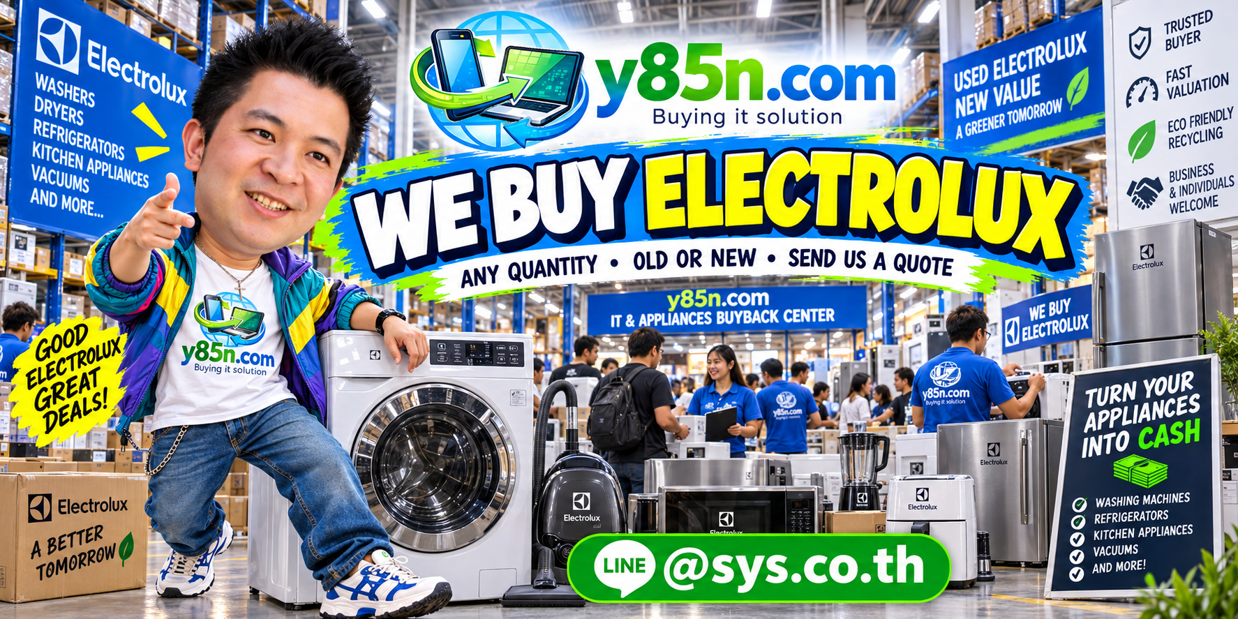 Y85N.com team and customers at a busy Electrolux appliance buying warehouse