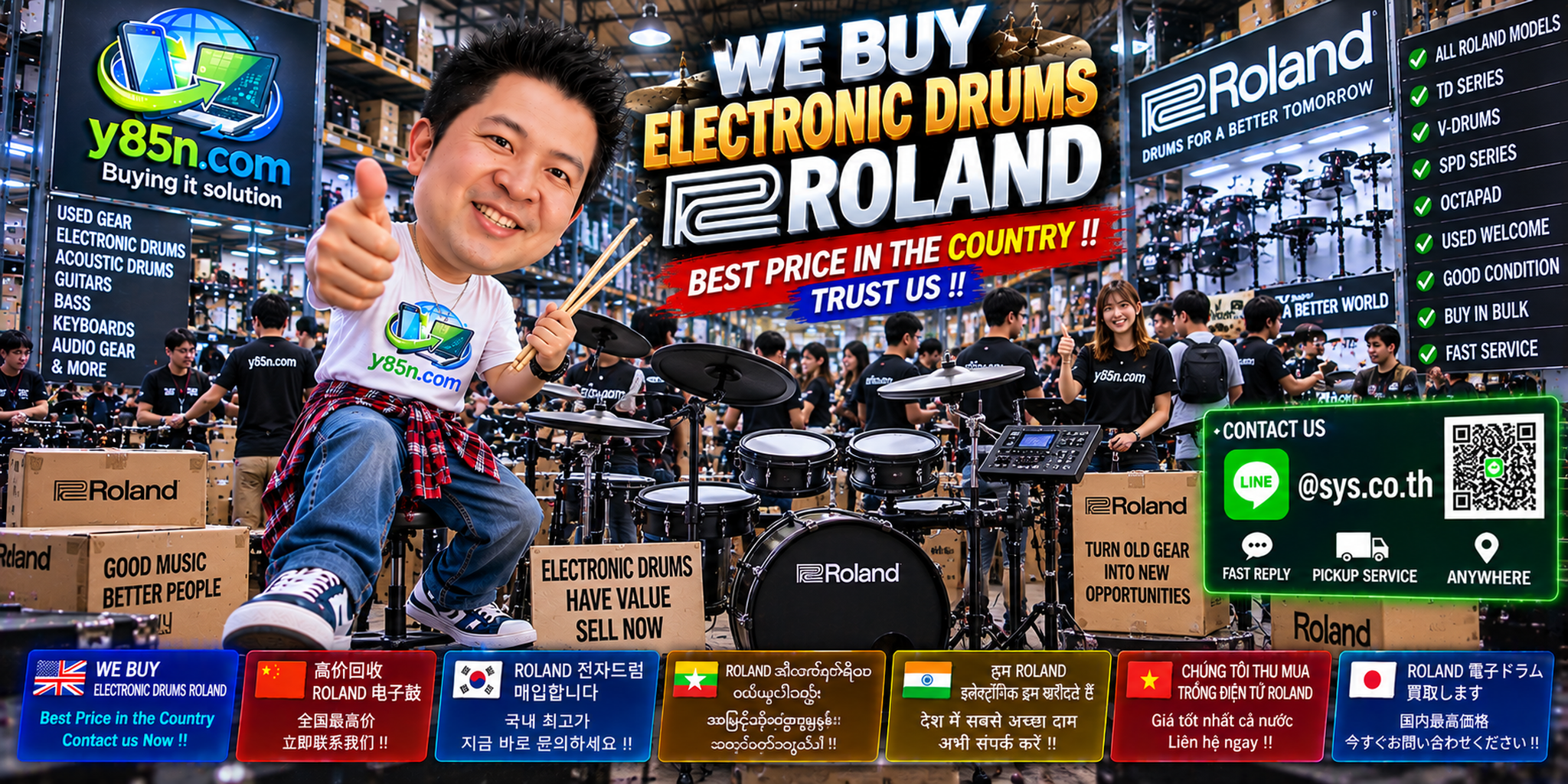 Y85N.com warehouse buying used Roland electronic drums across Thailand