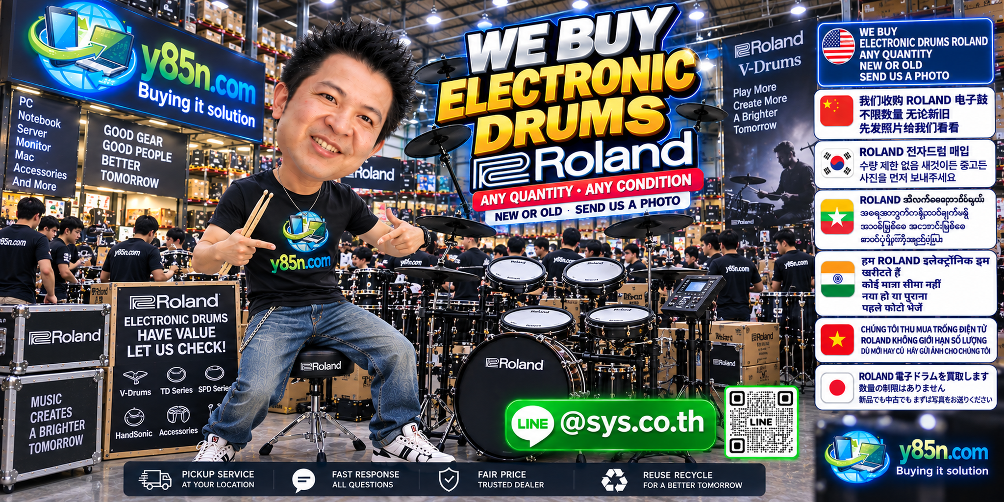 Y85N.com Roland electronic drum buying team in a busy warehouse