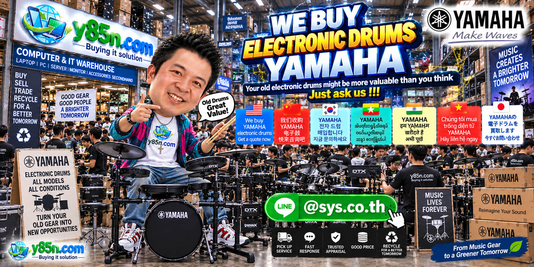 Busy Y85N.com warehouse showing Yamaha electronic drum buying service in Thailand
