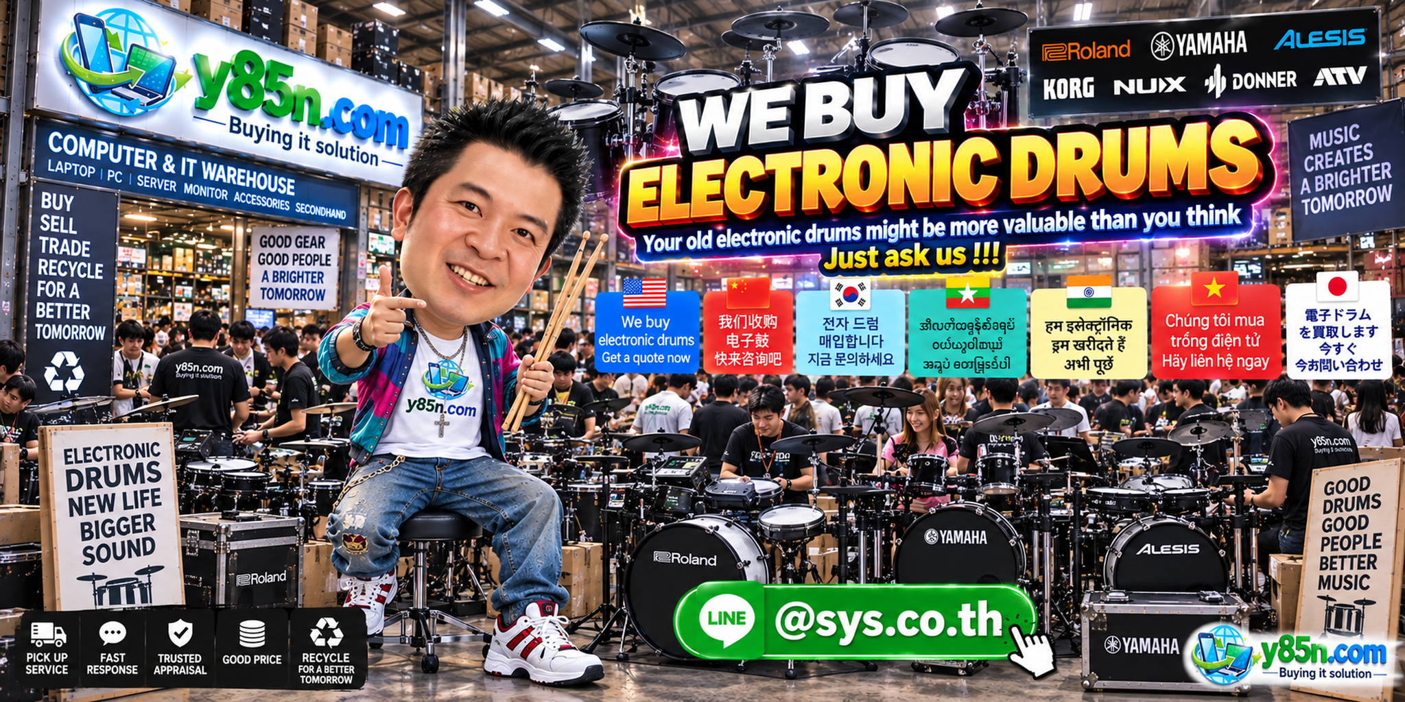 Busy Y85N.com warehouse buying electronic drums in Thailand