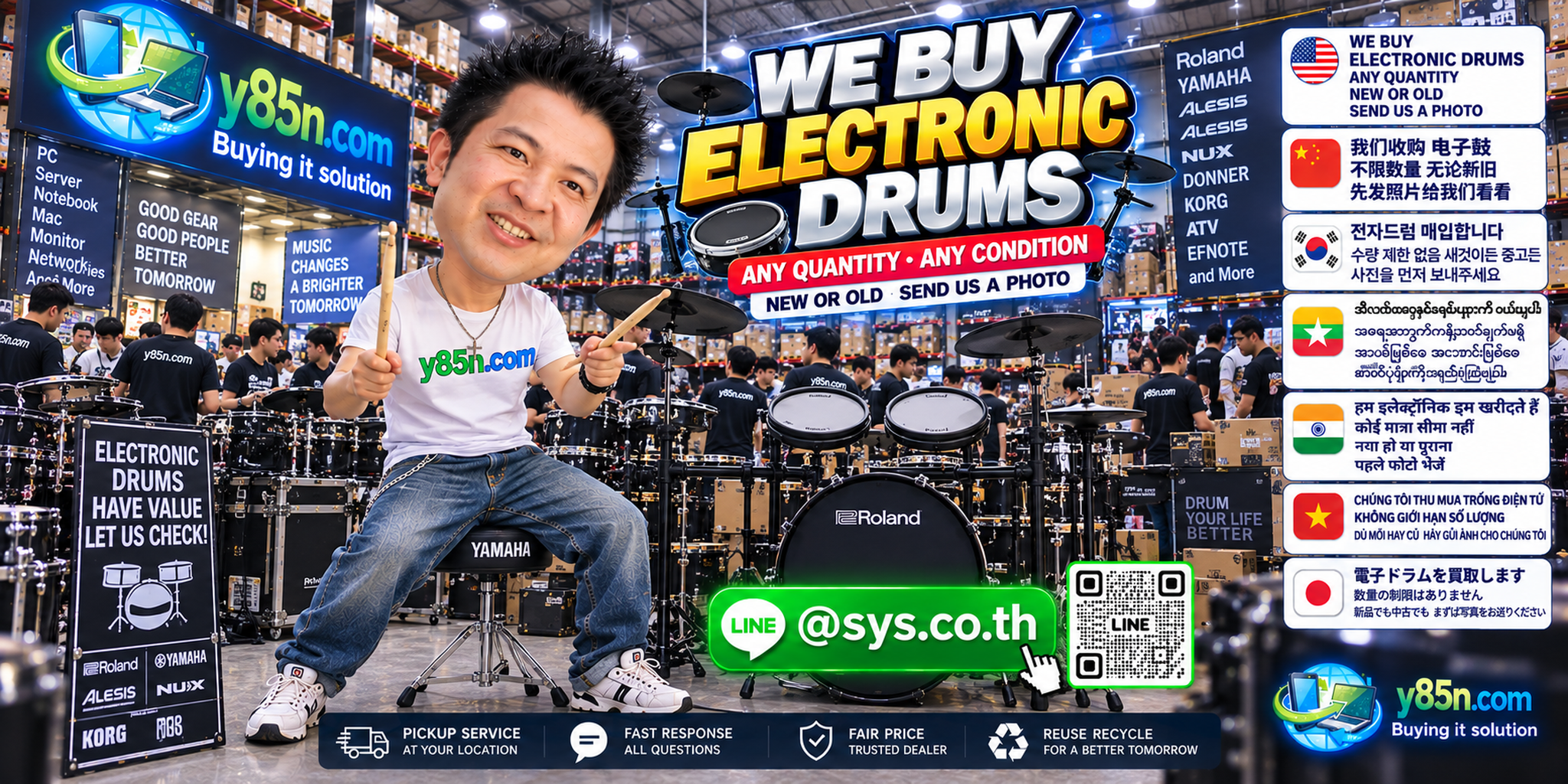 Y85N.com warehouse buying used electronic drums and accessories