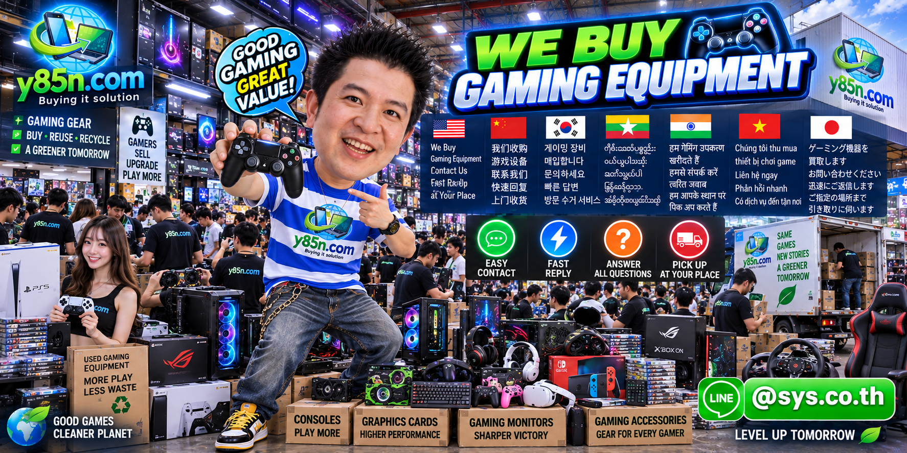 Y85N.com gaming equipment buying contact banner with LINE at sys.co.th