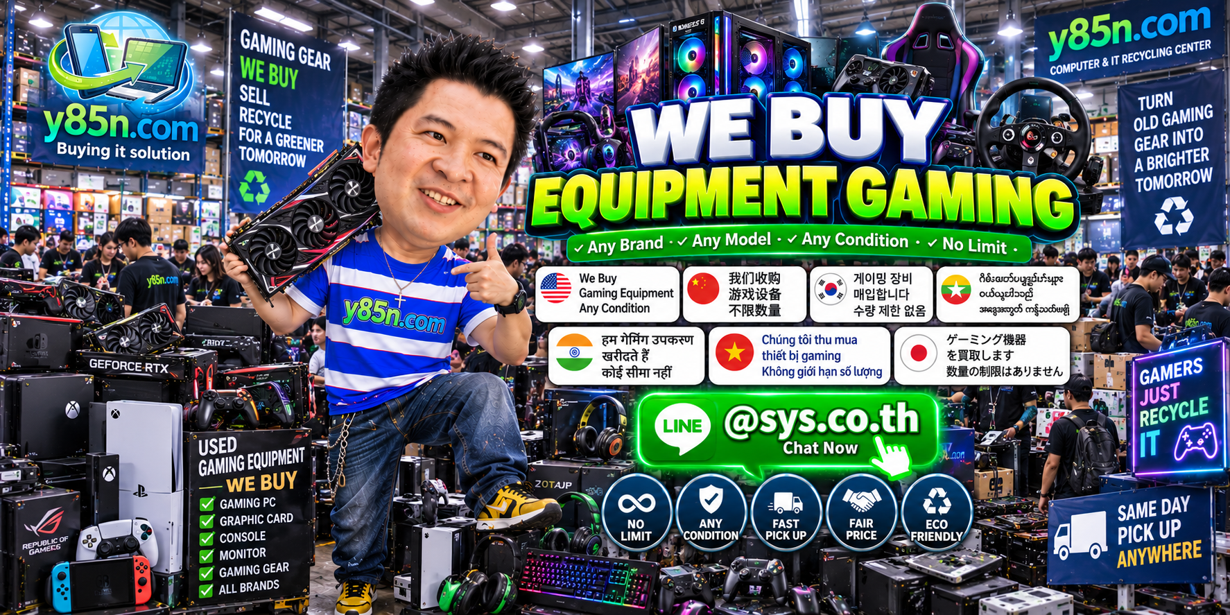 Y85N.com gaming equipment buying warehouse with gaming gear and customers