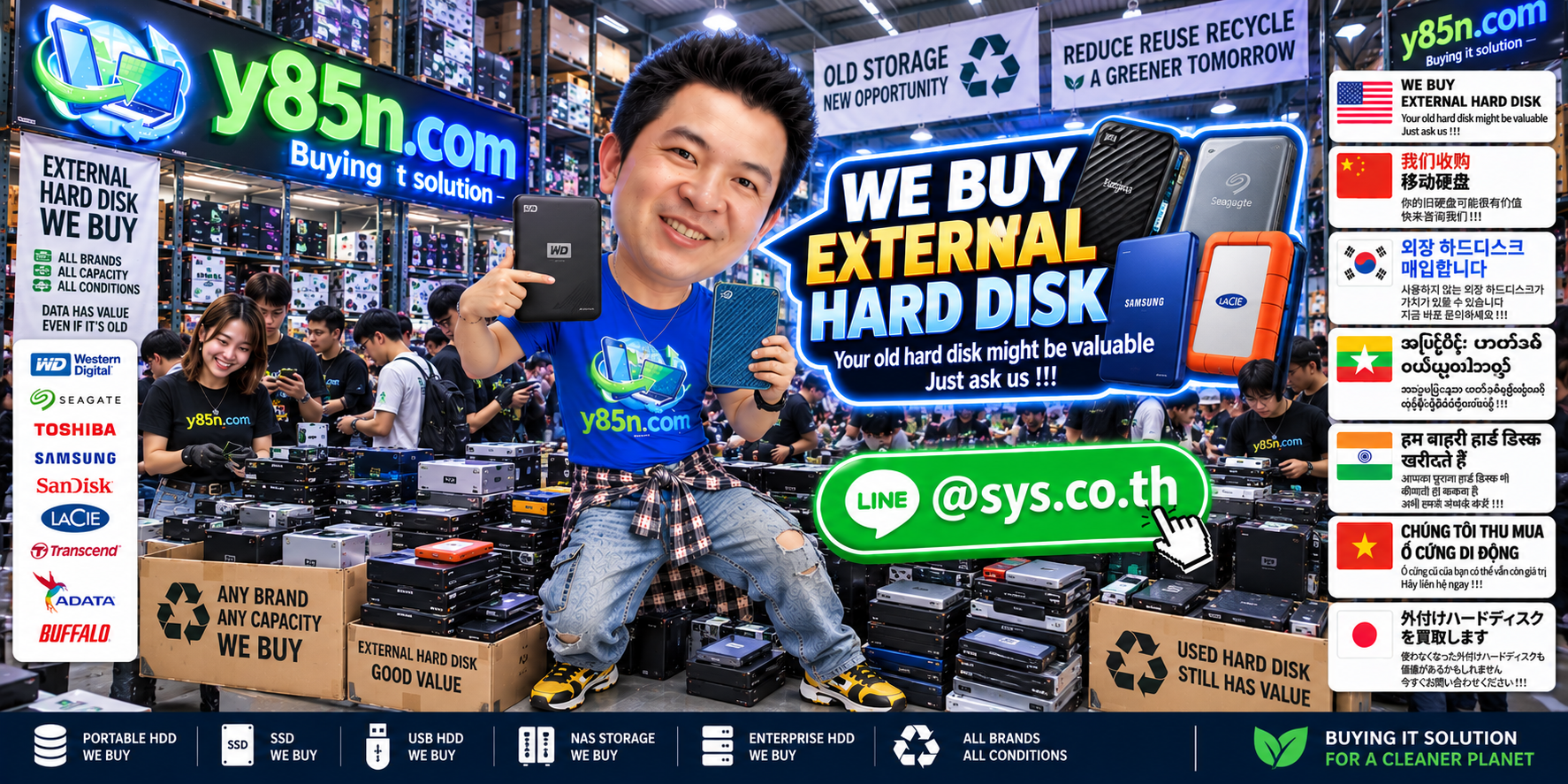 Busy Y85N.com storage warehouse buying external hard disks and external SSDs in Thailand