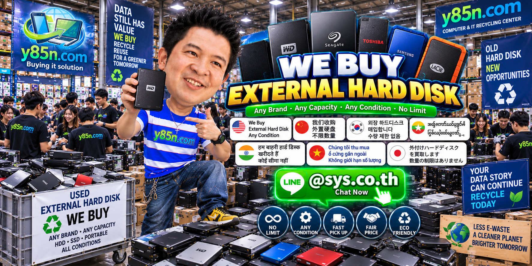 Y85N.com team and customers at a busy external hard disk buying warehouse in Thailand