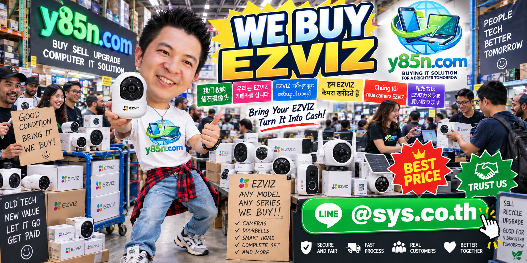 Y85N.com warehouse buying used EZVIZ cameras with international seller messaging