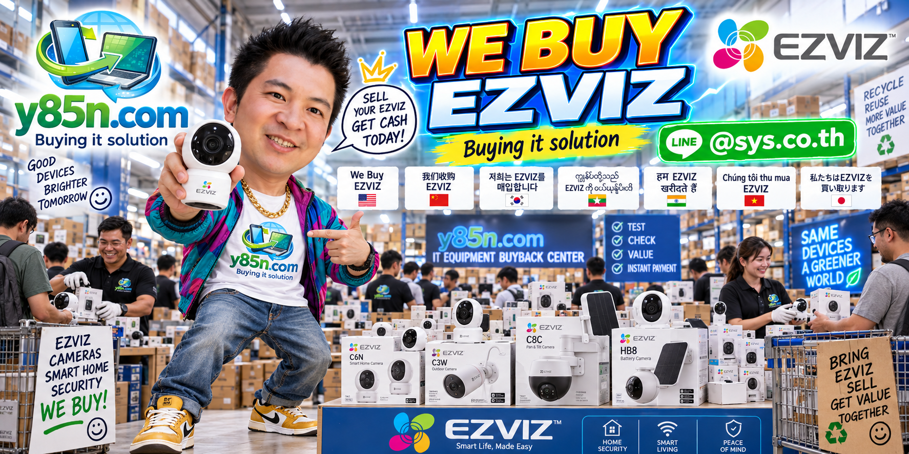 Busy Y85N.com warehouse showing an EZVIZ camera buying service in Thailand