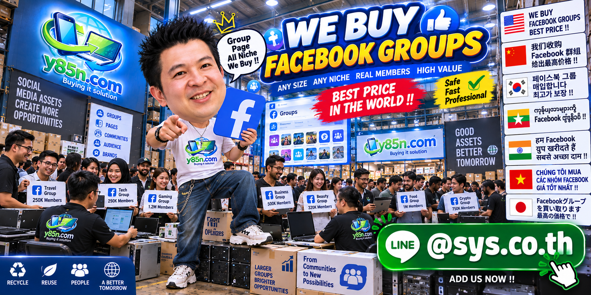 Y85N.com Facebook group evaluation service creative with international community messaging