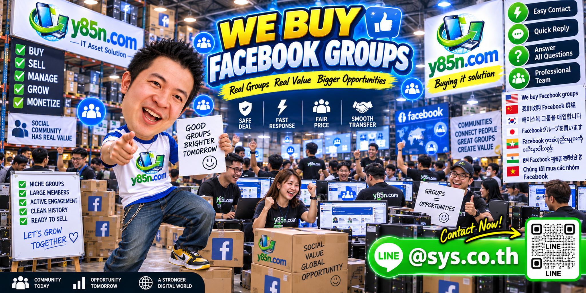 Y85N.com Facebook group buying service contact banner with LINE at sys.co.th