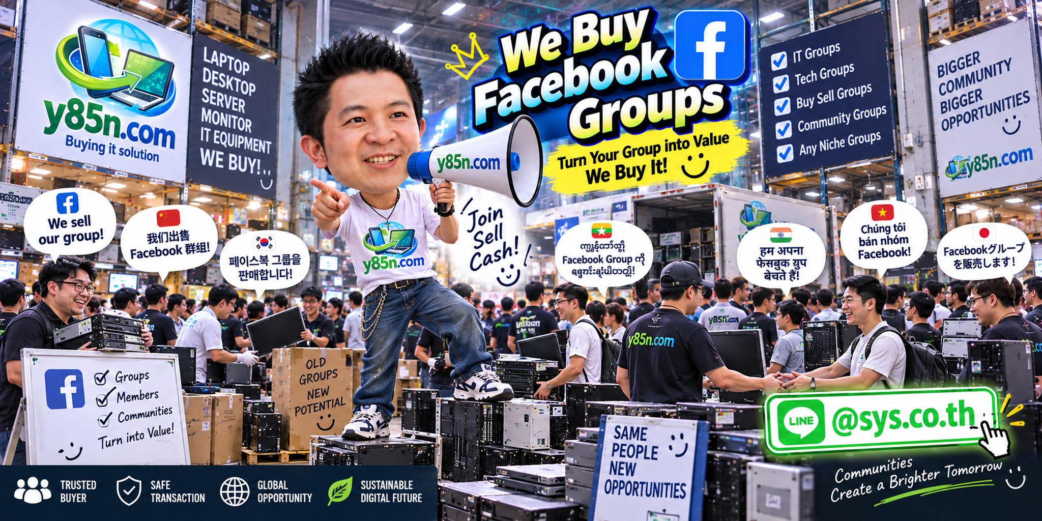 Busy Y85N.com warehouse style creative showing Facebook group buying and community evaluation in Thailand