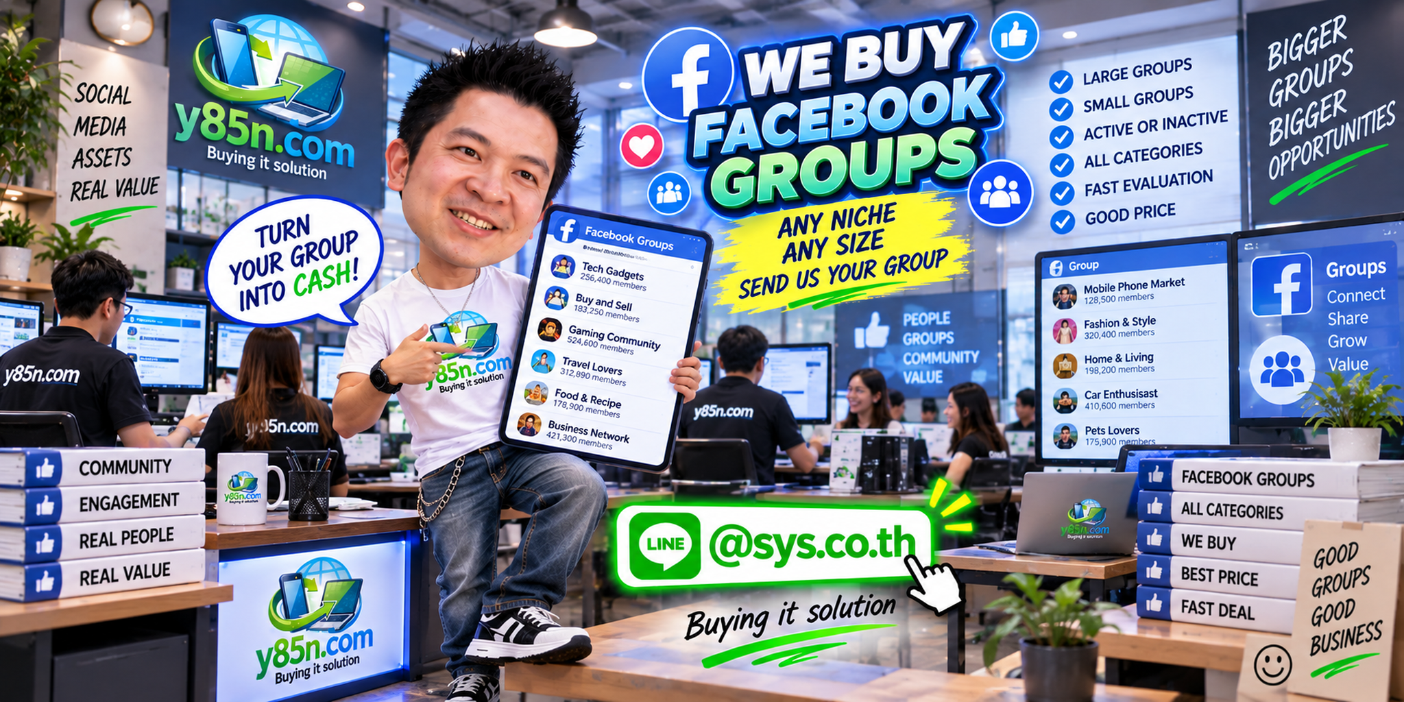 Y85N.com Facebook group buying service creative with busy community evaluation team