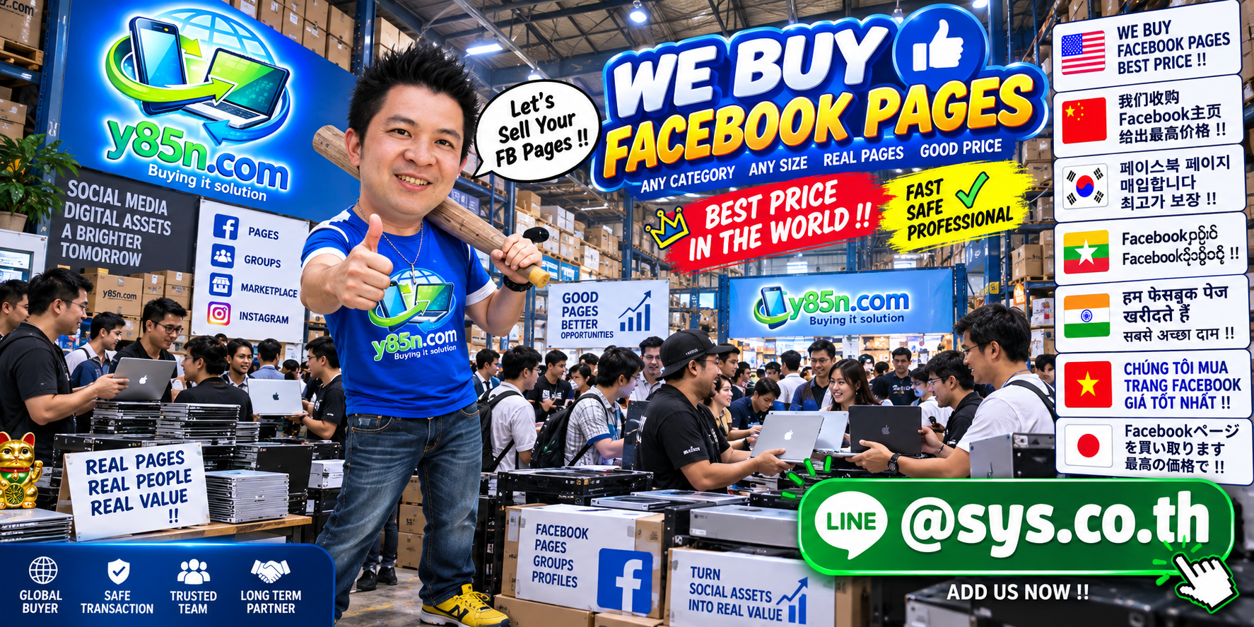 Y85N.com warehouse concept for Facebook Page buyer and international owner support
