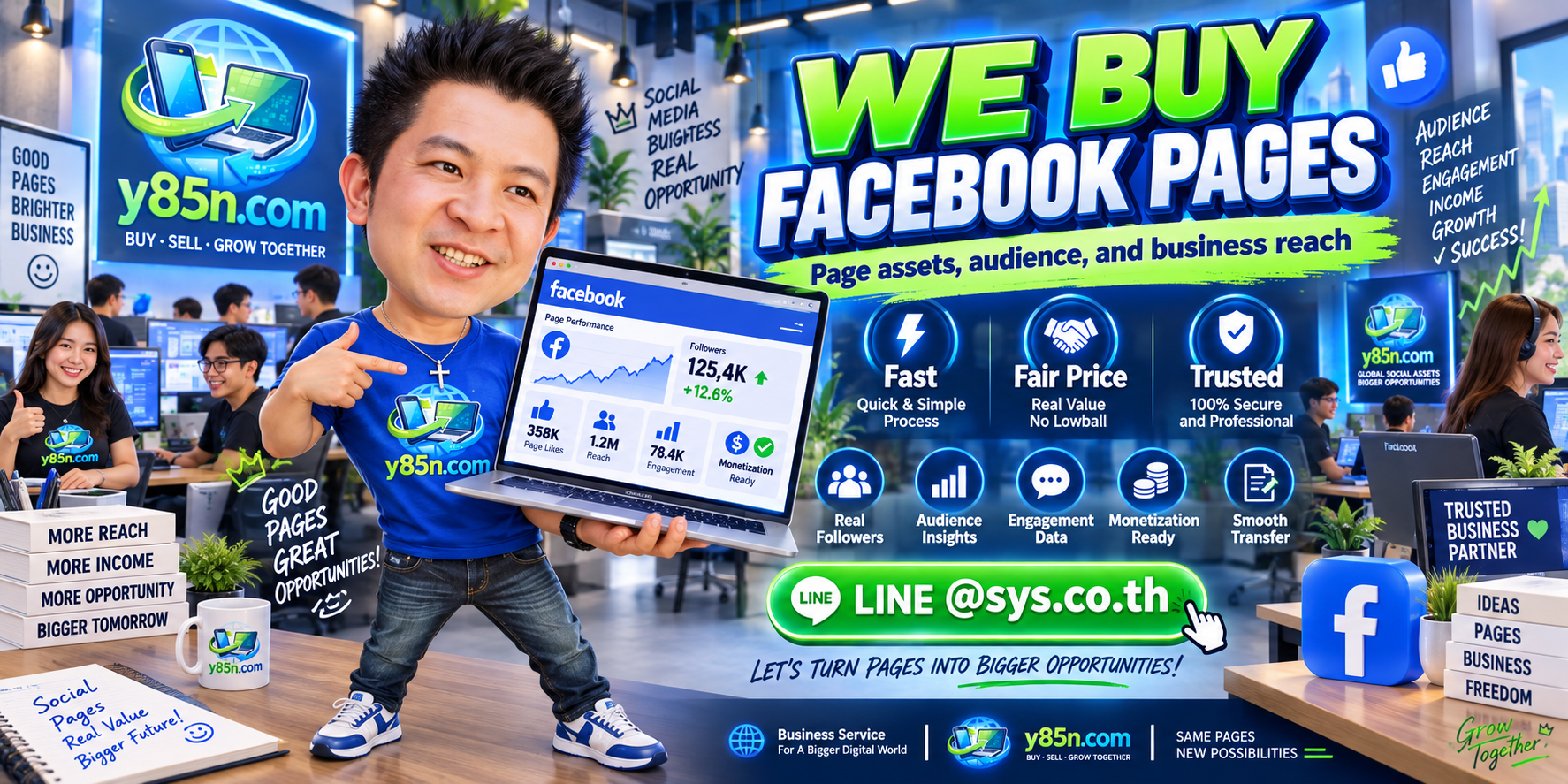 Y85N.com busy warehouse concept for Facebook Page and social media asset evaluation