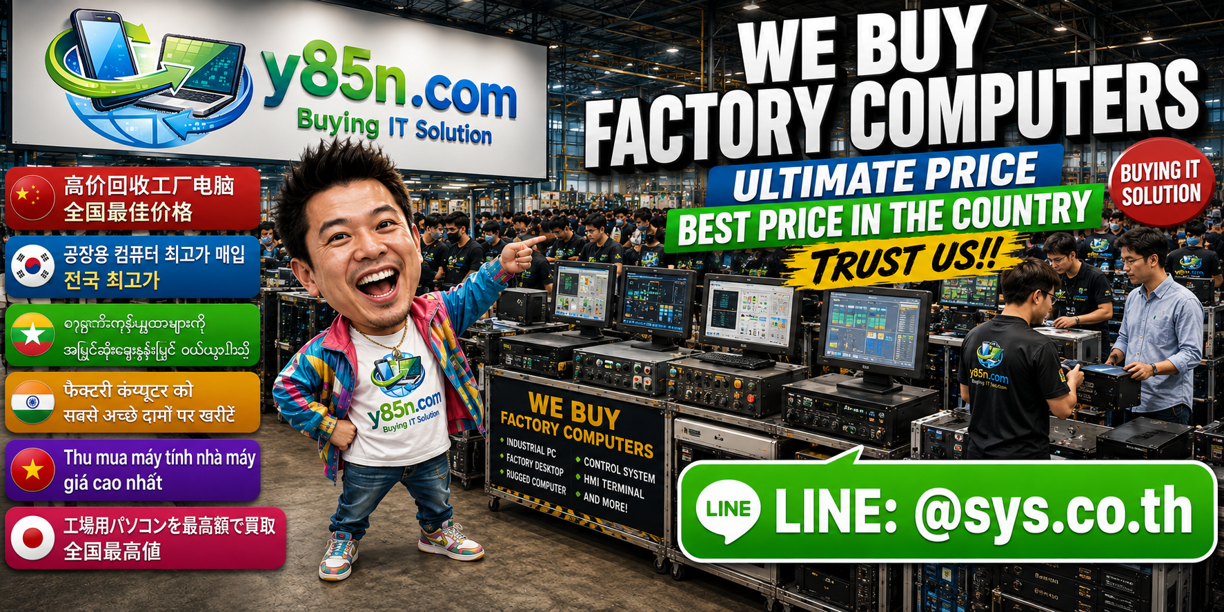 Y85N.com buying factory computers and industrial PCs at a busy computer warehouse in Thailand
