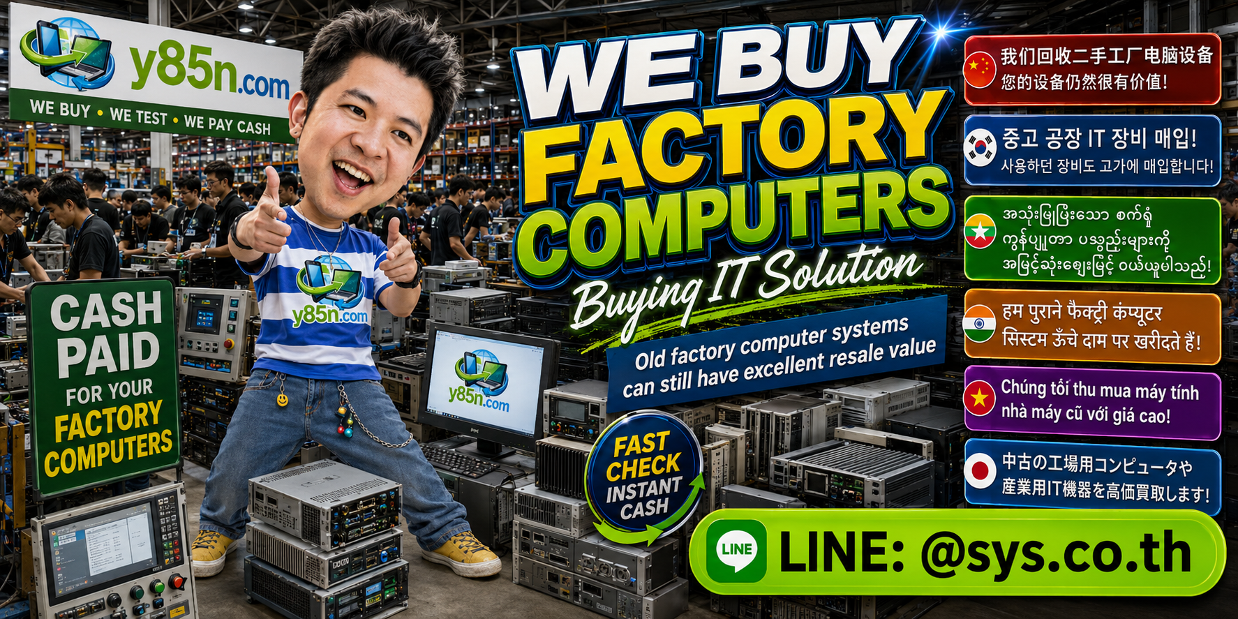 Factory computers and industrial PC equipment being evaluated at the Y85N.com IT warehouse