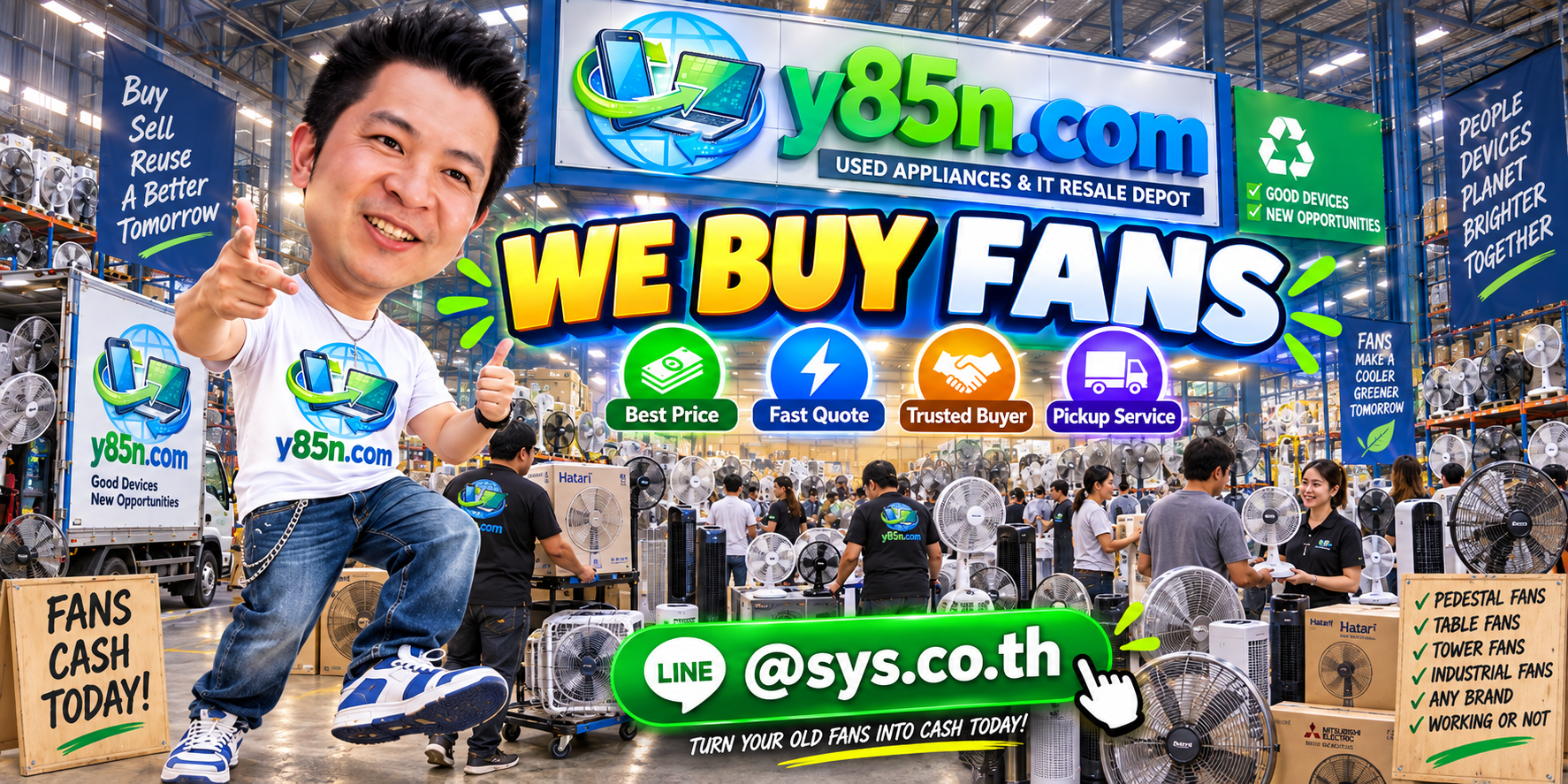 Y85N.com warehouse buying used fans with international seller messaging in Thailand