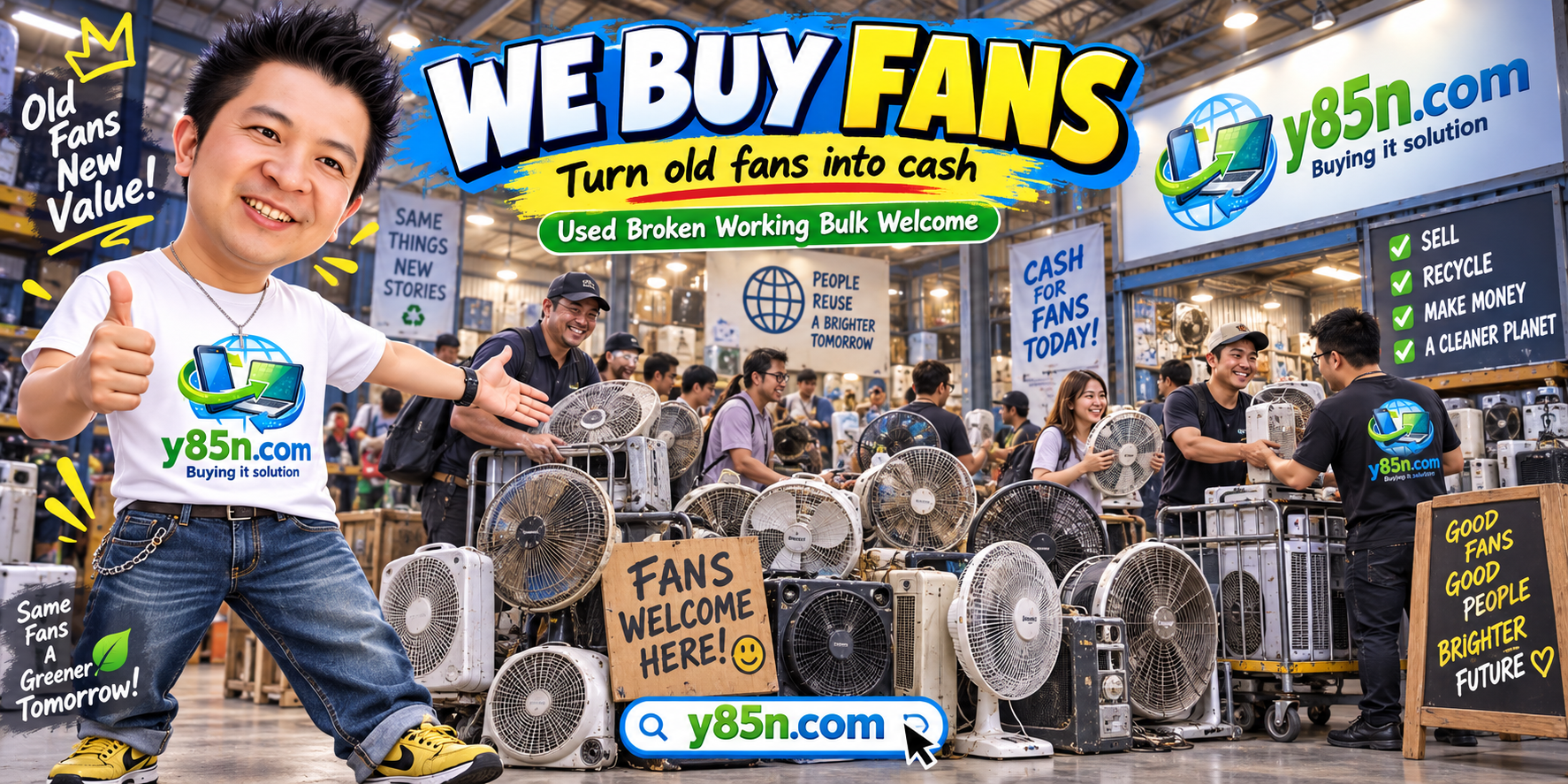 Busy Y85N.com warehouse buying used electric fans and industrial fans in Thailand