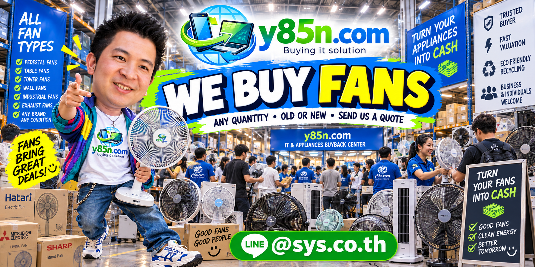 Y85N.com team and customers at a busy fan buying warehouse in Thailand