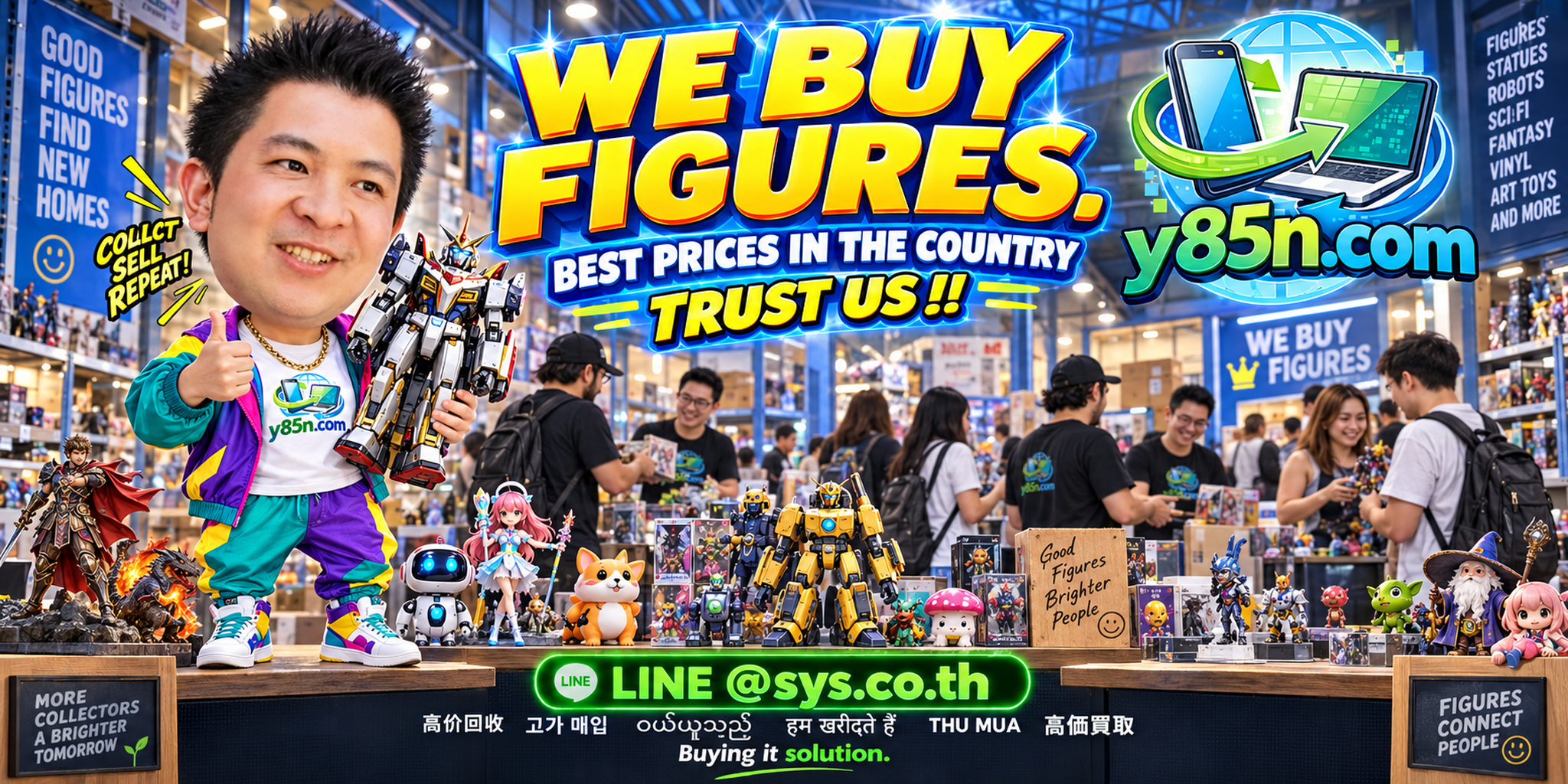 Busy Y85N.com warehouse style store buying collectible figures in Thailand