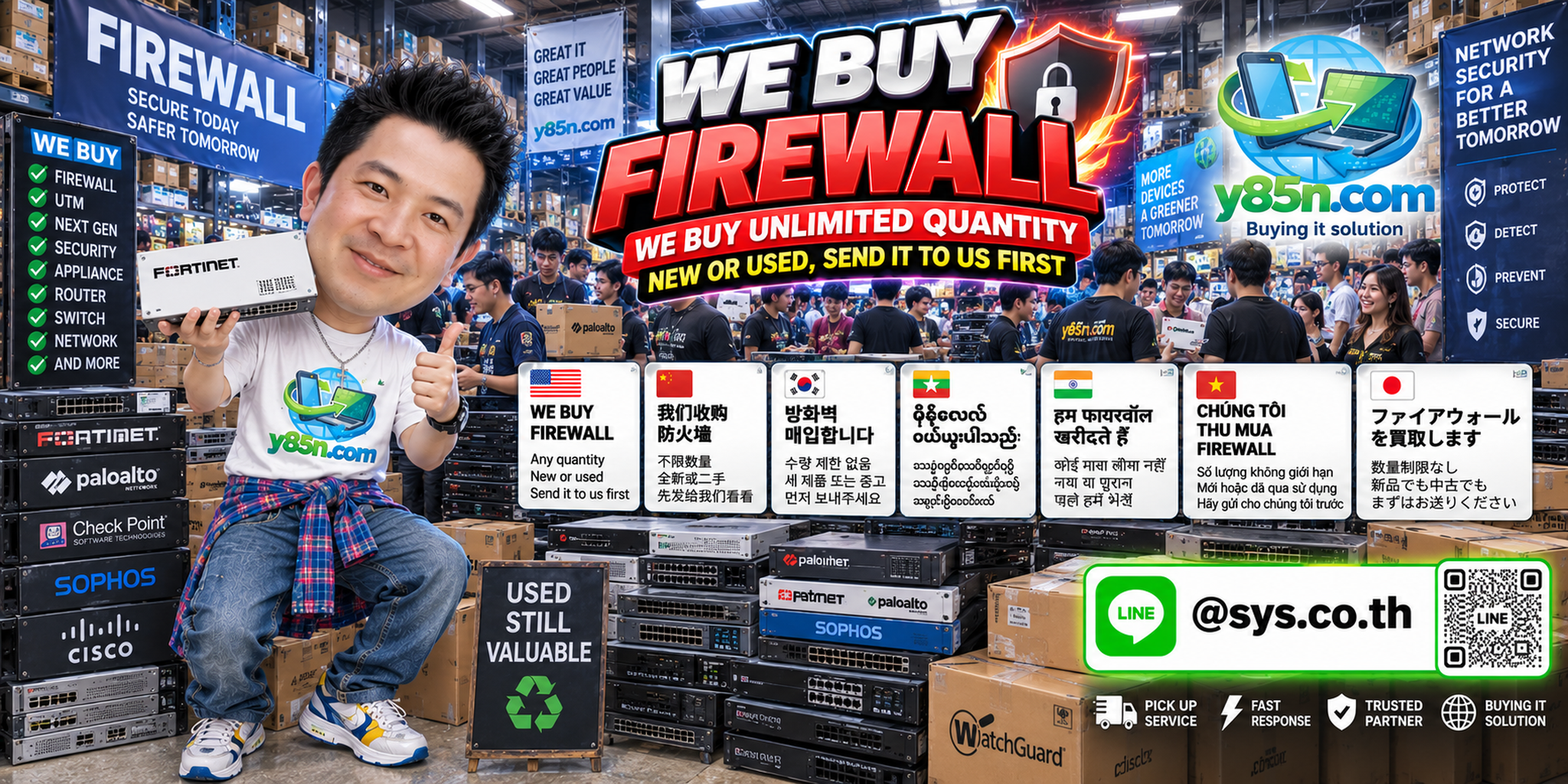 Y85N.com team and customers at a busy enterprise firewall buying warehouse