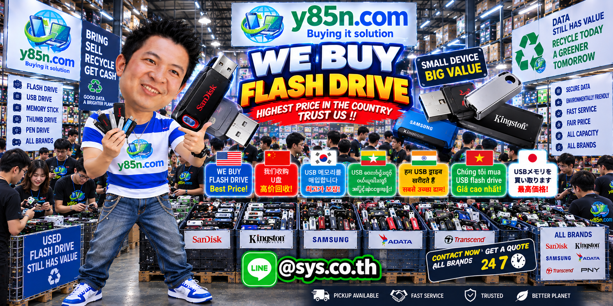 Y85N.com warehouse buying used flash drives with international seller messaging