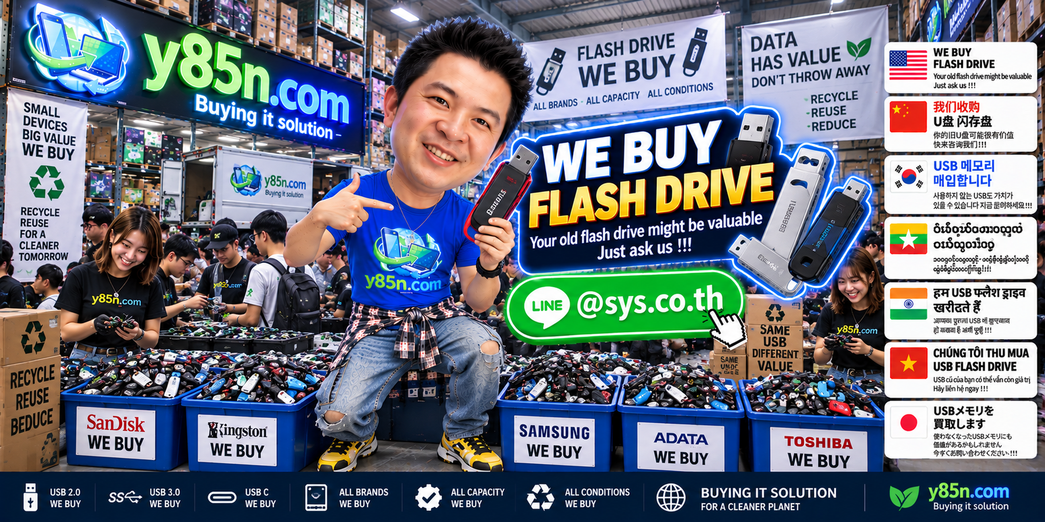 Busy Y85N.com warehouse buying used and bulk USB flash drives in Thailand