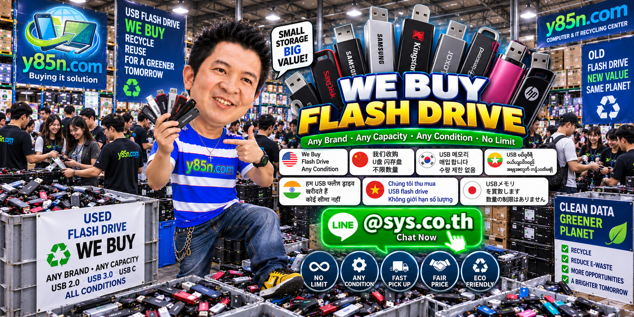 Y85N.com team and customers in a busy warehouse buying flash drives and USB memory
