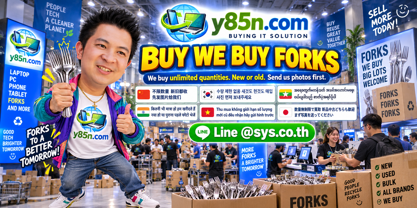 Y85N.com warehouse style scene with forks and flatware lots