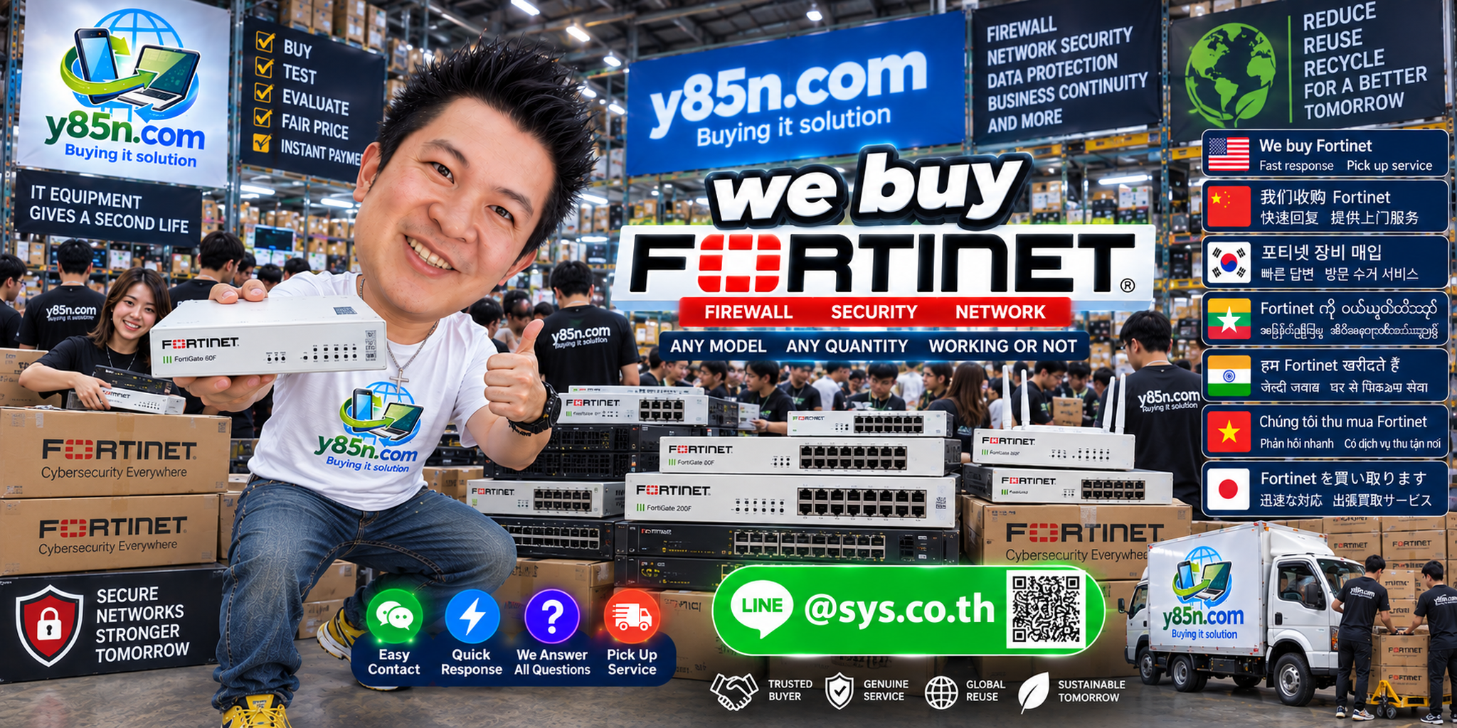 Y85N.com Fortinet buying service contact banner with LINE at sys.co.th