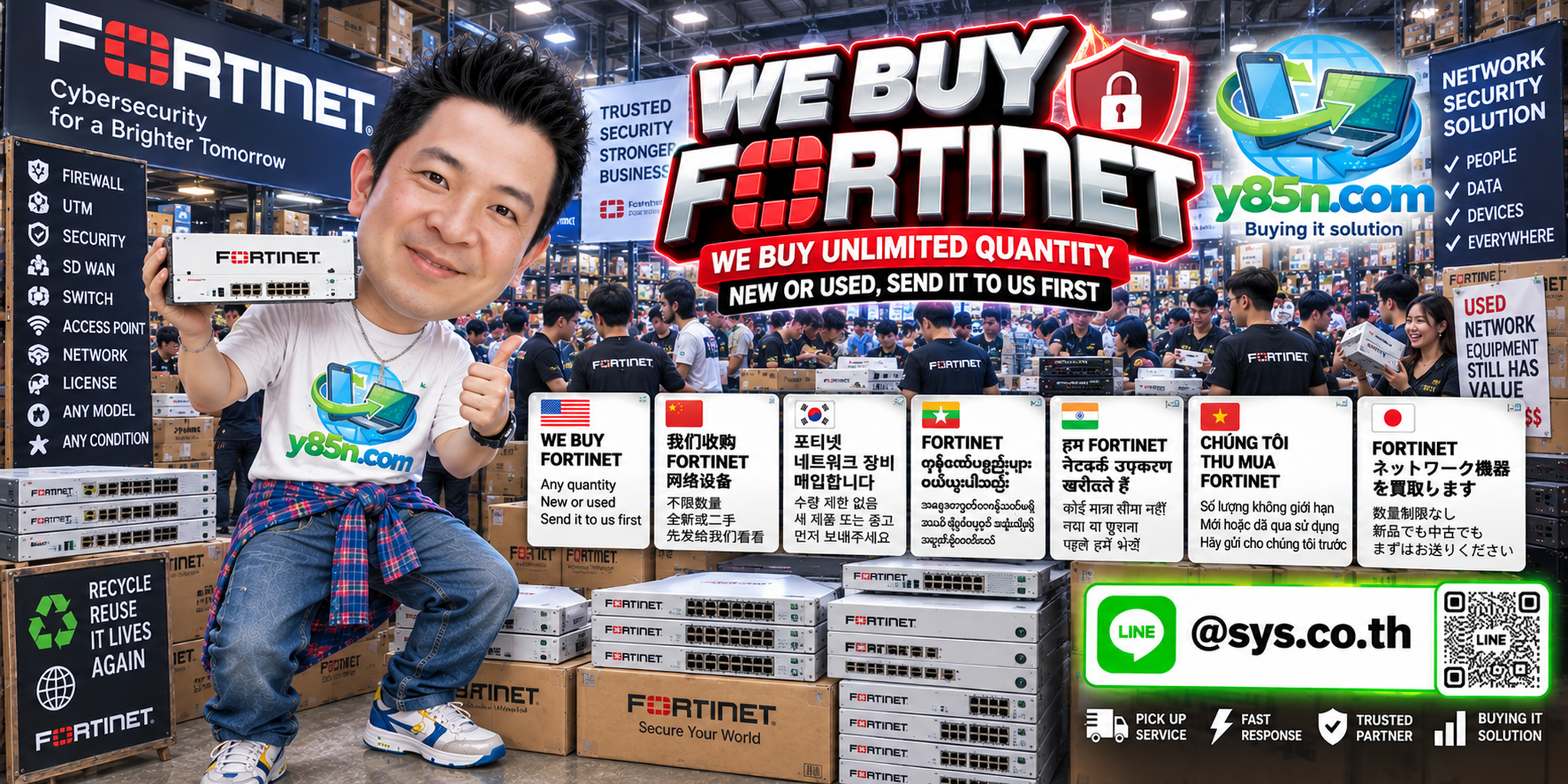 Y85N.com team and customers at a busy Fortinet equipment buying warehouse