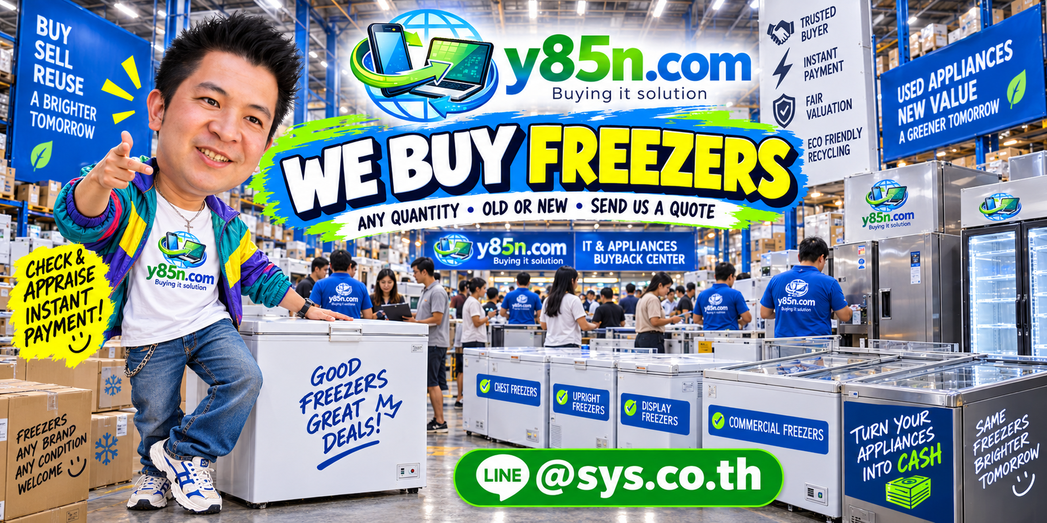 Y85N.com warehouse buying used freezers with international seller service