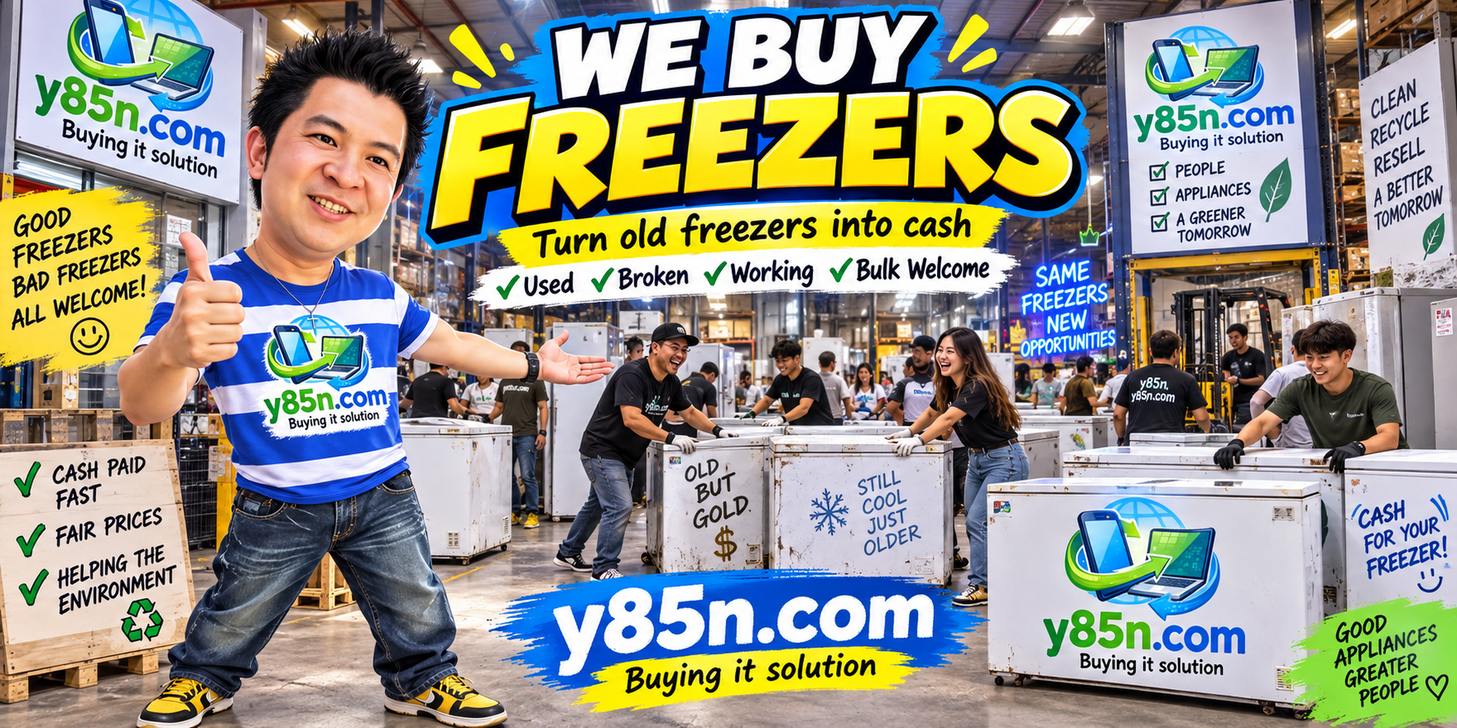 Y85N.com team and customers in a busy freezer buying warehouse