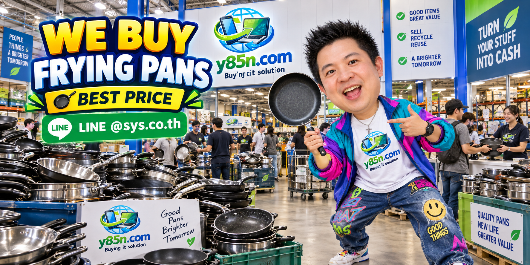 Y85N.com warehouse buying used frying pans and cookware with international seller support