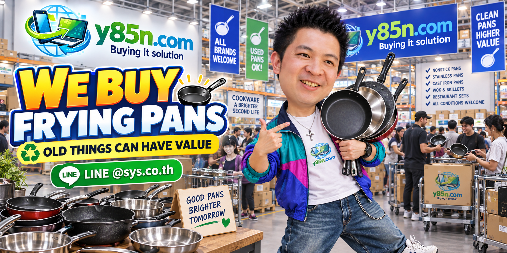 Busy Y85N.com warehouse buying used frying pans and cookware in Thailand