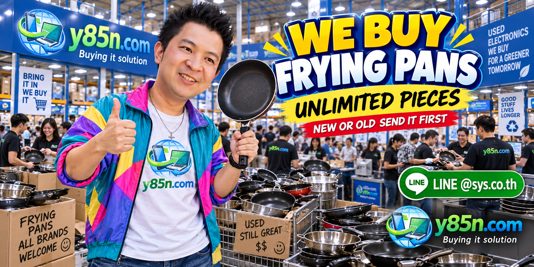 Y85N.com team and customers at a busy frying pan and cookware buying warehouse